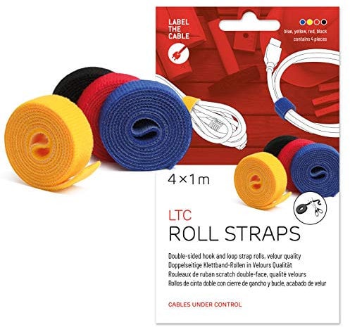 LABEL THE CABLE Roll of Double-Sided Hook and Loop Tape - Cable Ties Roll for Perfect Cable Management - Velour Quality - LTC ROLL Straps - 4 x 1 m x 16 mm - Assorted Colours - LTC 1230 Multicoloured