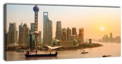 wandmotiv24 Leinwandbild Panorama Nr. 222 Shanghai 100x40cm, Keilrahmenbild, Bild auf Leinwand, China Orientalpearltower Bund