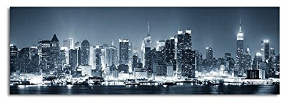 Wandbild Panorama New York City Manhattan Skyline schwarz weiss blau in der Nacht auf Leinwand und Keilrahmen. Beste Qualität, handgefertigt in Deutschland! 120x40cm