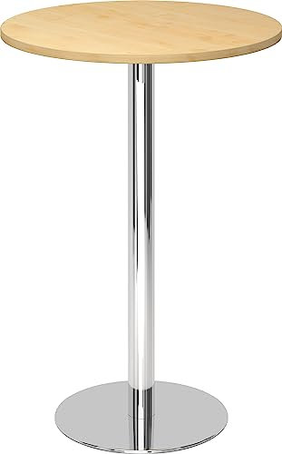 bümö Stehtisch Büro, Bistrotisch rund 80 x 80 cm - Bartisch Ahorn, Stehtisch Holz-Platte, Säule aus Metall verchromt, Buffettisch, Säulentisch, Partytisch, Thekentisch, Hochtisch, Barmöbel
