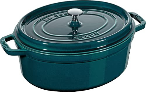 STAUB Gusseisen Bräter/Cocotte, Oval 31 cm, 5,5 L, Aromaregen Funktion für optimale Befeuchtung, Für alle Herdarten inkl. Induktion & Backofen, La Mer