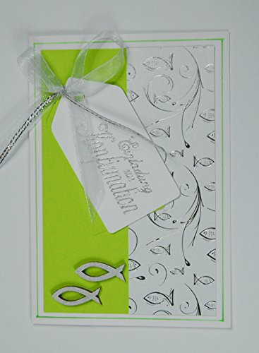 5 x Hochwertige Einladungskarten zur Konfirmation Fische - maigrün *Handmade*grün/hellgrün/maigrün