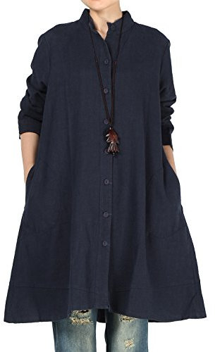 Vogstyle Chemise Robe Femme Blouse Chemisier Femme Longue Caseul Manches Longues Poches Latérales Marine Bleu L
