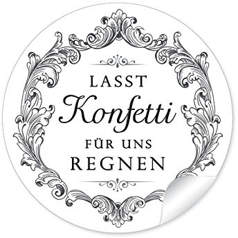 24 Sticker Lasst Konfetti für uns regnen Etiketten in SCHWARZ WEIß im Vintage-Retro-Style mit Ornamenten für Konfetti-Verpackungen zur Hochzeit 4 cm, rund, matt