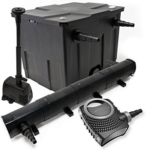 Wiltec Komplettset: CBF-350 Teichfilter bis 12000L Teichfilteranlage als Durchlauffilter, NEO10000 Teichpumpe 10000l/h 80W, CUV-272 Teichklärer UVC Klärer mit 72W, HJ-943 Springbrunnenpumpe 800l/h 16W