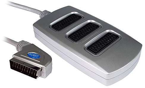 3 Way Silver Coloured SCART Cable Box Signal Splitter for use with TV, DVD, VHS, Xbox, Freeview, Sky Television