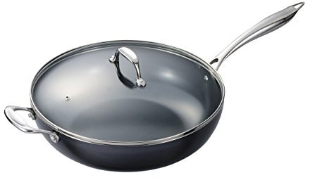KYOCERA CFP32W BK Wok mit Keramikbeschichtung, antihaftbeschichtet, 32,5 cm, Deckel aus gehärtetem Glas