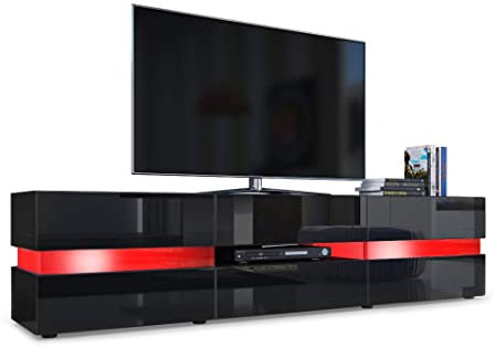 Vladon Lowboard Flow, Made in Germany, TV-Kommode mit Ambient Light Verglasung mit 2 Türen, 1 Schublade und 1 Klappe, Schwarz matt/Schwarz Hochglanz, inkl. LED-Beleuchtung (177 x 45 x 39 cm)