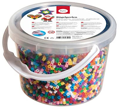 Rayher Bügelperlen-Set, Eimer 6000 bunte Perlen, 5 mm ø, 4 Steckplatten, Herz, Stern, Kreis, Quadrat, Bügelpapier, Perlenbilder stecken, Perlenbilder bügeln,16030000