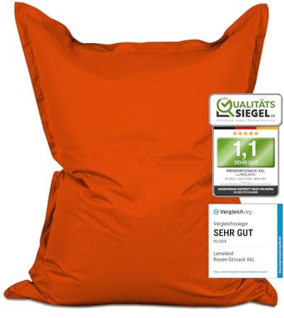 Lumaland Riesen-Sitzsack XXL 140x180 cm | Wasserfestes Indoor & Outdoor Liegekissen mit über 3 Mio. anpassungsfähigen EPS-Perlen | Bean Bag mit waschbarem Bezug [Orange]