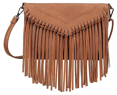 HDE, Damen, PU, Leder, Hobo, Fransen, Crossbody, Quaste, Geldbörse, Vintage, Kleine Handtasche, CAMEL, Einheitsgröße