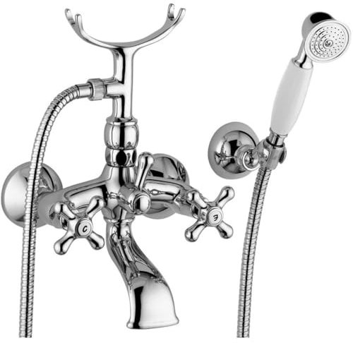 Schläfer 35603010 | Rubinetto Vasca da Bagno a Muro con Doccetta e Supporto con 2 Manopole, Rubinetto serie Antica in Ottone con Finitura Cromata, Stile Retrò Vintage. Made in Italy