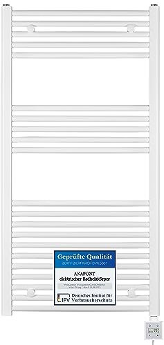 anapont Radiateur électrique de salle de bain - 1175 h x 400 mm - Minuterie - Fonction minuterie - Droit - Blanc - Radiateur serviette - Fabriqué en Allemagne