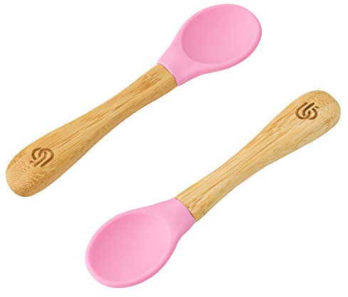 bamboo bamboo ® Cucchiai Baby Svezzamento Set 2 | Bamboo con Morbido Silicone | Manici Ergonomici Facili | Senza BPA (Set 2, Rosa)