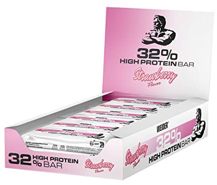 WEIDER 32% Protein Bar, délicieuse barre protéinée enrobée de chocolat fin, haute teneur en protéines, barre énergétique, snack musculation, Fraise, 12 x 60 g