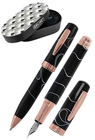 Online 44037 Schreib-Set Bohemian Art Black Rose I Schreibgeräte aus Kunstharz und Acryl I hochwertiger Füller mit Iridiumfeder M (medium) und Kugelschreiber inkl. Mine Schwarz I in edler Retro Geschenkbox