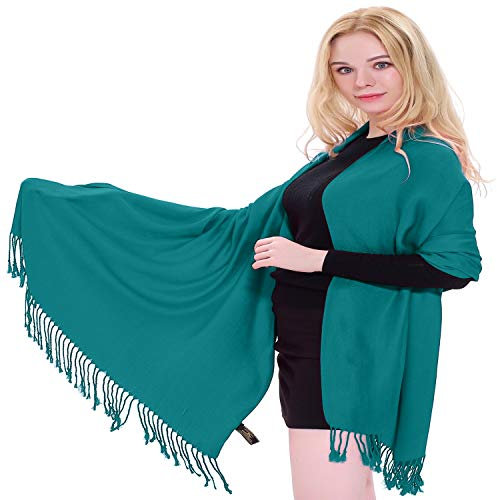 CJ Apparel Teal Green Solid Colour Tassels Design Nepalese Shawl Scarf Wrap Stole Throw Head Wrap Pashmina Hand Made in Nepal