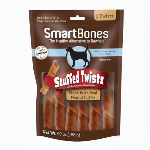 SmartBones Stuffed Twistz with Peanut Butter, Rawhide-Free Chews for Dogs Stuffed with Pork Flavor, 6 Twistz