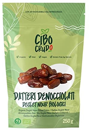 Datteri Denocciolati Bio e Crudi - 250g. Datteri Secchi Deglet Nour Biologici al Naturale. Datteri Disidratati. Pitted Dates Raw and Organic.