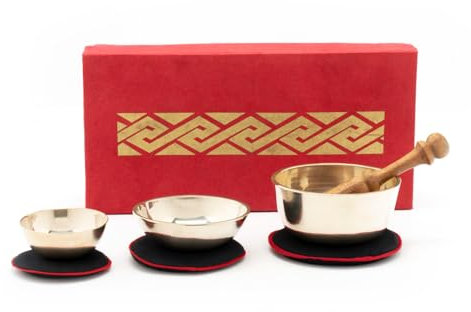 3er-Klangschalen-Set in Geschenk-Box mit Ornament, inklusiv schwarzen Unterlagen sowie einem Holzklöppel -5019-