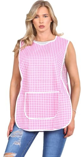 MyShoeStore Ladies Womens Tabard Home Work Kitchen Cleaning Chef Catering Cleaners Workwear Overall Piping Edge Tabbard Apron With Large Pocket Side Button Fastening Plus Big Size (Check Pink, WX)