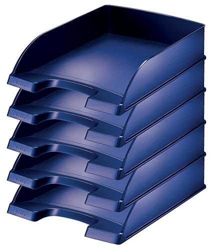 Leitz Briefkorb Standard A4, 5er Pack, Briefablage in Premium-Qualität, Stapelbare Ablagefächer als Schreibtisch-Organizer, Titan Blau, Style-Serie, 52540069