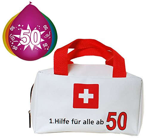 Geschenkset zum 50. Geburtstag Tasche 1. Hilfe für alle ab 50 und 5 Luftballons