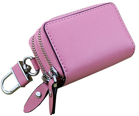 Esdrem-Unisex-Echtleder-Schlüssel-Hülle/Halter - mit Doppelreißverschluss - Auto-Schlüsselanhänger-Schlüsseletui rose