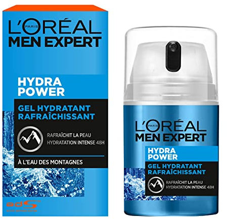 L'Oréal Men Expert - Gel Hydratant & Rafraîchissant pour Homme - Soin du Visage - Hydratation Intense 48H - À l'Eau des Montagnes & Acide Hyaluronique - Tous Types de Peaux - Hydra Power - 50 ml