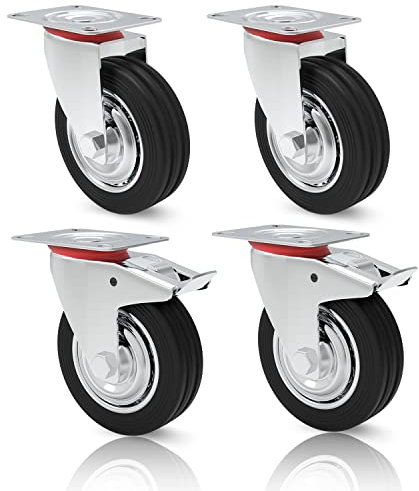 PRIOstahl Schwerlastrollen Set 4 x 200mm Transportrollen mit Bremse bis 800kg Vollgummi Lenkrollen Industrierollen für Werkstatt Werkbank Werkzeugwagen oder Transportroller