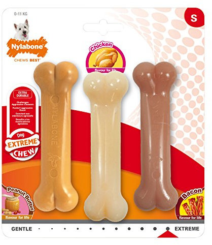 Nylabone Extreme Tough Dog Chew Toy Bones, Peanut Butter, Chicken, Bacon Flavoured, 3-Piece, Small, For Dogs Up To 11 kg