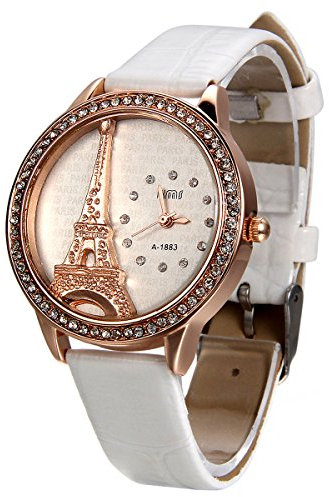 JewelryWe Damen Armbanduhr, Analog Quarz, Exquisite Leder Armband Uhr mit Strass Eiffelturm Zifferblatt, Weiss