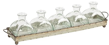 Creative Co-Op Decorative Iron Rectangle Tray with Handles & 5 Glass Vases