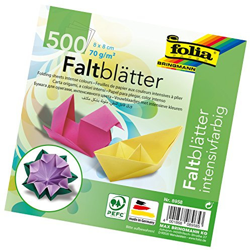 folia 8958 - Faltblätter 8 x 8 cm, 70 g/qm, 500 Blatt sortiert in 10 intensiven Farben - ideal zum Papierfalten und für andere kreative Bastelarbeiten