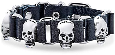 Bling Jewelry Bikerschmuck Hip Hop Goth Punk Rock Skull Heads Echtes Schwarzes Leder Nieten Nieten Edelstahl Multi Skull Heads Manschettenarmband Für Männer Teens Verstellbare Gürtelschnalle