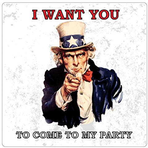 1art1 Uncle Sam I Want You to Come to My Party Poster-Sticker Tattoo Aufkleber 9x9 cm
