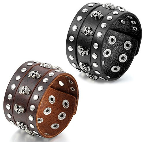 Flongo 2 PCS Leder Echtleder Armband Armreif Manschette Schwarz Braun Silber Nieten Totenkopf Schädel Einstellbar Verstellbar Motorradfahrer Biker Herren Set