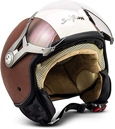 Soxon® SP-325 „Vintage“ · Jet-Helm · Motorrad-Helm Roller-Helm Scooter-Helm Moped Mofa-Helm Chopper Retro Vespa Vintage Pilot Biker Helmet Damen · ECE 22.05 Visier Schnellverschluss Tasche L (59-60cm)