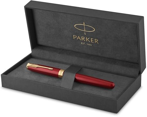 Parker Sonnet Tintenroller | Rote Lackierung mit Goldzierteilen | feine Spitze | Schwarze Tinte | Geschenkbox