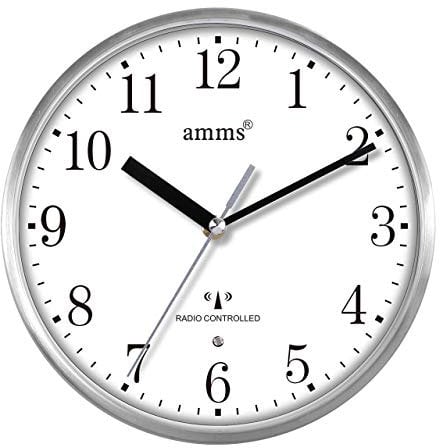 Amms Compact MSF Signal Radio Controlled Brushed Aluminium Metal Cased White Dial Non Ticking Sweeping Seconds Quartz Wall Clock