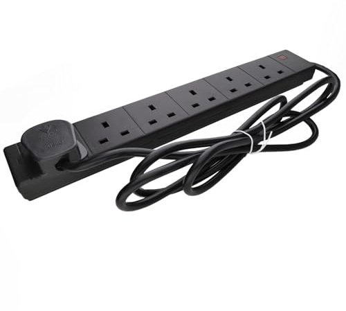 kenable 6 Gang UK Trailing Socket Power Extension Lead with Surge Protection | BS1363/A Certified 13A Mains Strip | Wall Mountable | Black 2m Cable