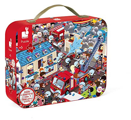 Janod - Extreme Firemen Round Observation Puzzle 208 Pieces - Suitcase with Handle - For children from the Age of 6, J02793