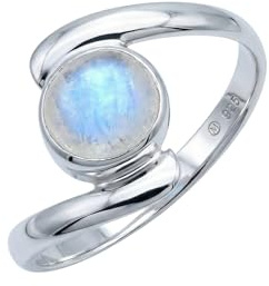 mantraroma Edelstein Ring Damen Regenbogen Mondstein 925 Silber – runder Ring Ø 7 mm, schlicht modern elegant Damenschmuck