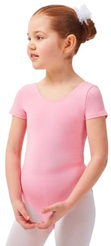 tanzmuster Ballettanzug Mädchen Kurzarm - Sally - aus weichem Baumwollstoff - Ballett Trikot Ballettbody in rosa, Größe 92/98