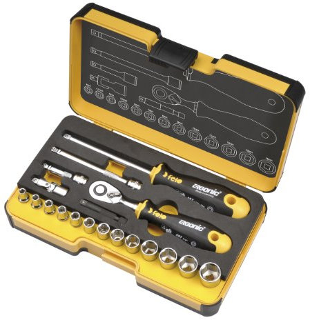 Felo Werkzeugsatz R-GO 19 Inch 1/4' mit ERGONIC Ratsche, Steckschlüsseleinsätzen (Inch Abmessungen) und Zubehör, 19-tlg