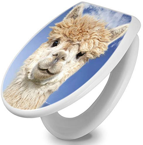 banjado Toilettendeckel mit Absenkautomatik 44,5x37cm - Soft Close Toilettensitz - WC Sitz mit Absenkautomatik - Klodeckel aus Duroplast mit Edelstahl Scharnieren, einfache Montage - Motiv Lama