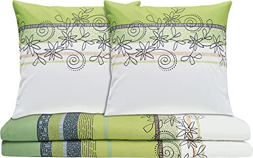 Erwin Müller Bettwäsche, Bettgarnitur Fein-Biber Blumen 4-TLG Sparpaket Pistazie Größe 80x80 cm / 155x200 cm - hautsymphatisch, bügelleicht, mit Marken-Reißverschluss