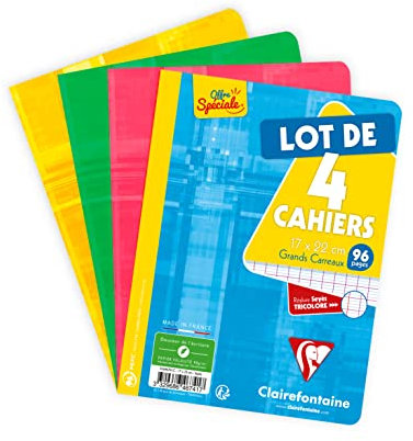 Clairefontaine 646741C - Packung mit 4 Schulheften / Heft 17x22 cm, 48 Blatt französische Lineatur 90g, geheftet, farbig sortiert, 1 Pack