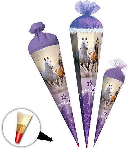 Schultüte - Wildpferde - 22 cm - mit Tüllabschluß - Zuckertüte Roth - Pferde Blumen Pferd Schimmel Araber Hengst