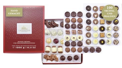 Lauensteiner handgemachte Pralinen Geschenkset | 100 Pralinen, 1.300 Gramm, 33-fach sortiert | Pralinen mit Alkohol | Geschenk für Männer und Frauen